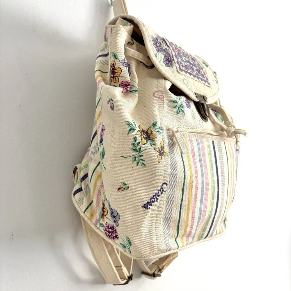 Carter’s Vintage Canvas Drawstring Backpack Cream Floral and Stripe Pattern